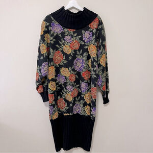 Vintage Stilconf Midi Dress Knitted Wool Floral Black Multicolor W EU 44 US 8/M
